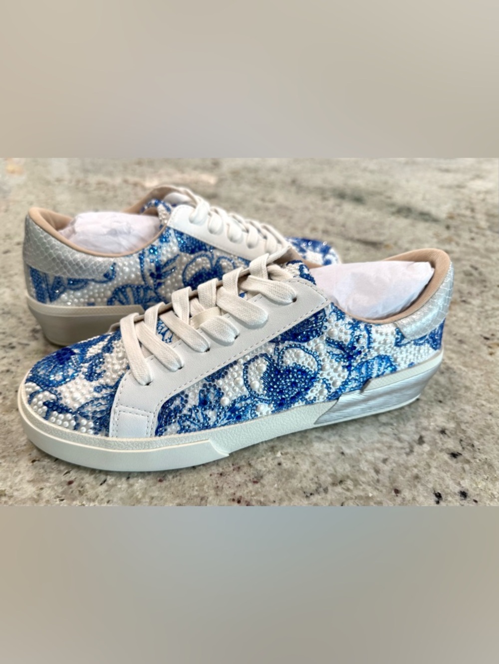 Betsey Johnson White and Blue Beaded Floral "Damon" Sneakers "NEW" - Picture 12 of 17